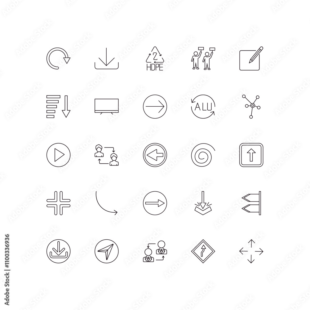 Fototapeta premium fully editable outline icon collection from user interface concept. thin line icons set such as refresh arrows, downloading, video play, curvy road warning, four expand arrows,