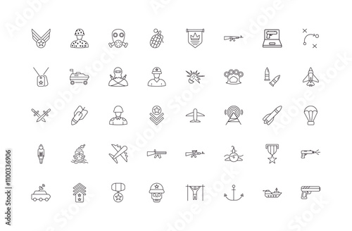 fully editable outline icon collection from army and military concept. thin line icons set such as air force, conscription, fighter plane, warship, pistol,