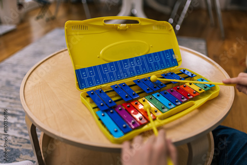 Boy plays metallophone at home. photo