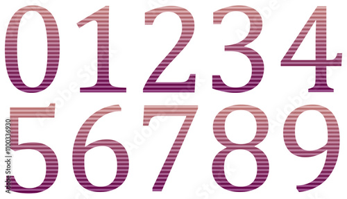 Set of colorful numbers with pattern isolated on white. Alphabet with numbers. Vector graphic elements for design. Abstract pattern with lines. Pink and beige gradient