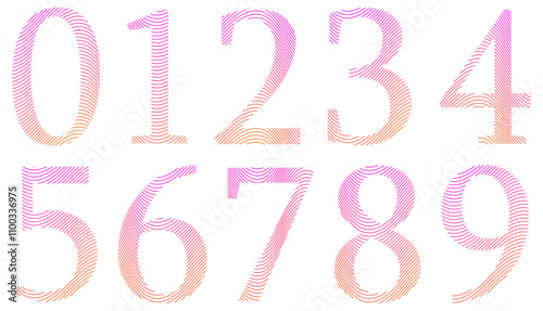 Set of colorful wavy numbers isolated on white. Alphabet with numbers. Vector graphic elements for design. Abstract pattern with lines. Pink and orange gradient
