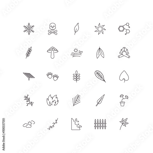 fully editable outline icon collection from nature concept. thin line icons set such as big snowflake, death, solar, fences, liquidambar leaf,