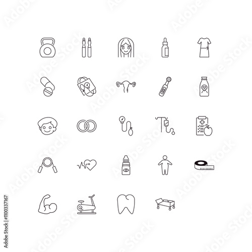 fully editable outline icon collection from health and medical concept. thin line icons set such as kettlebell, ampoule, poisonous, teeth, hospital bed,