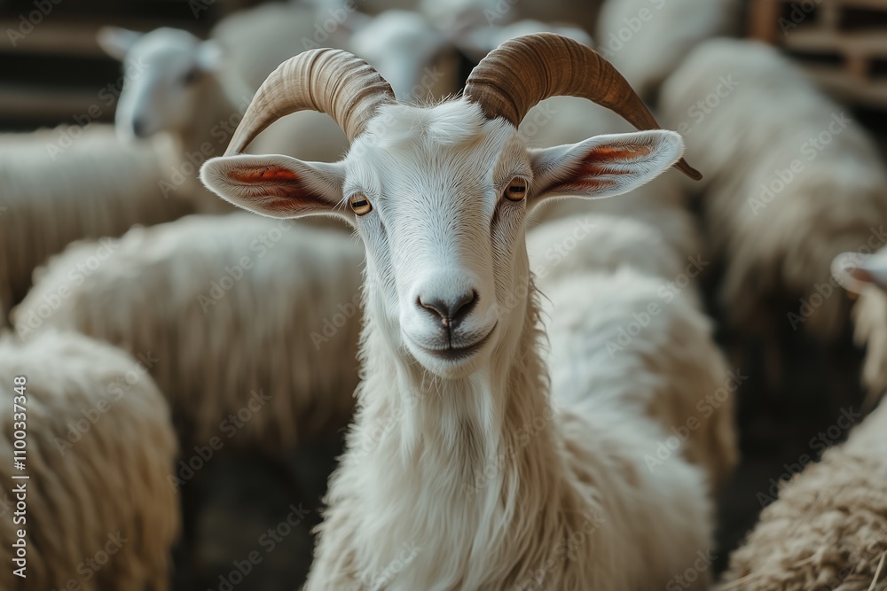 Obraz premium A white goat with horns stands in a herd of sheep
