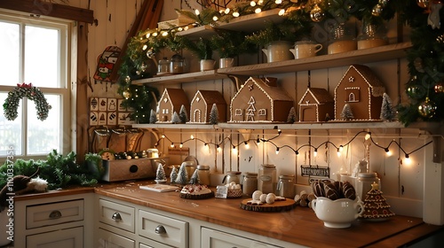 A rustic farmhouse kitchen adorned with gingerbread houses, Christmas cookies, and festive decorations, creating a warm and inviting holiday atmosphere perfect for family gatherings and seasonal bakin photo