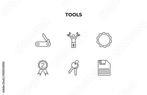 fully editable outline icon collection from tools concept. thin line icons set such as penknife, exercise with dumbbells, , key ring with two keys, face down floppy disk,