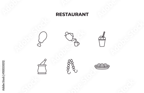 fully editable outline icon collection from restaurant concept. thin line icons set such as fried chicken thighs, pouring coffe, ice cream cup, two brochettes, plate of spaghetti,