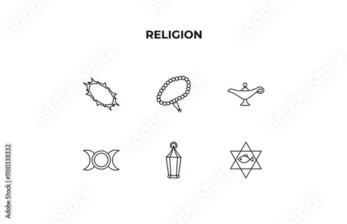 fully editable outline icon collection from religion concept. thin line icons set such as crown of thorns, prayer beads, arabian magic lamp, arabic lamp, inclined fish,