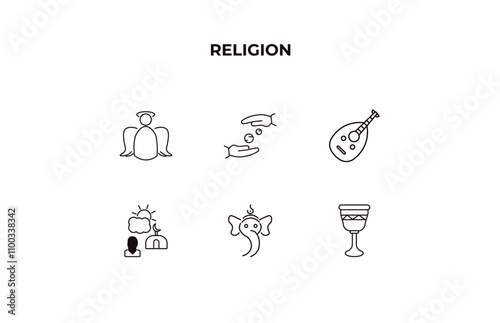 fully editable outline icon collection from religion concept. thin line icons set such as angel, sadaqah, oud, ganesha, goblet,