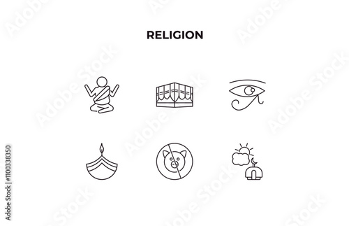 fully editable outline icon collection from religion concept. thin line icons set such as buddhist monk, kaaba, eye of ra, forbidden foods, assr,