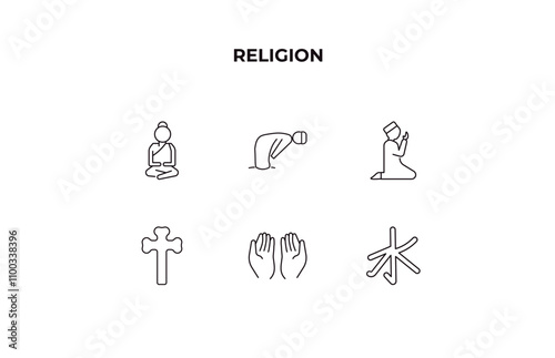 fully editable outline icon collection from religion concept. thin line icons set such as buddha, ruku posture, salah, muslim praying hands, confucianism,