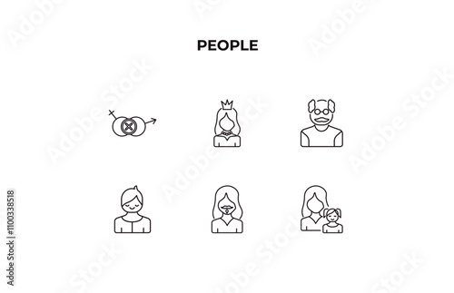 fully editable outline icon collection from people concept. thin line icons set such as sexual harassment, princes, old man, bearded woman, mother and daughter,