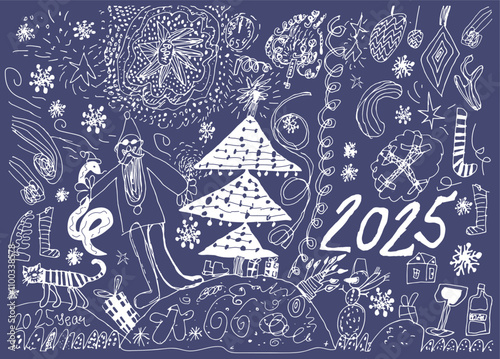 Doodle childlike naive scribble Christmas package in trendy color of the year 2025 future dusk. Perfect for crazy funny greeting card, gift package. Cute hand drawn sketch for happy new year.