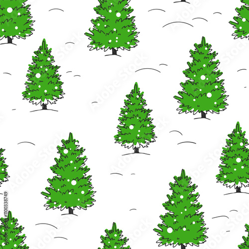 Vector hand-drawn seamless pattern with winter fir forest. Christmas trees in snow. New Year endless texture.
