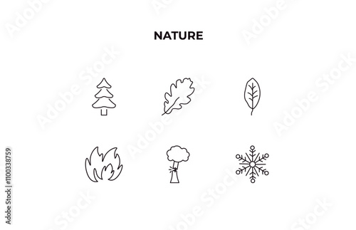 fully editable outline icon collection from nature concept. thin line icons set such as spruce, pedunculate, orange leaf, damaged, big snowflake,