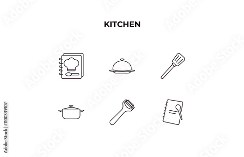 fully editable outline icon collection from kitchen concept. thin line icons set such as recipe, platter, spatula, peeler, recipe book,