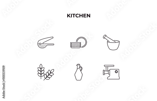 fully editable outline icon collection from kitchen concept. thin line icons set such as garlic press, dishes, mortar, olive oil, meat grinder,