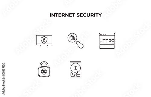 fully editable outline icon collection from internet security concept. thin line icons set such as monitor security, malware, https, local network, hard disc,