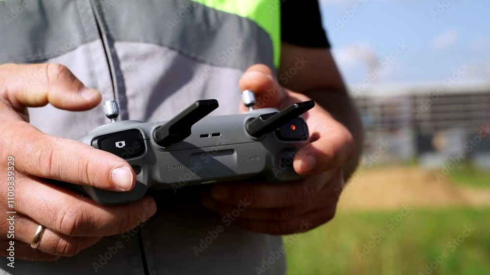 builder with quadcopter at construction site