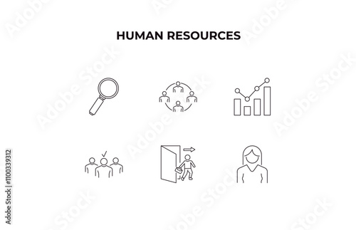 fully editable outline icon collection from human resources concept. thin line icons set such as searching, work team, benchmarking, exit interview, women,