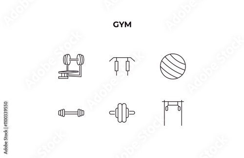 fully editable outline icon collection from gym concept. thin line icons set such as barbell bench press, horizontal bar, gymnastic ball, gymnastic roller, training apparatus,