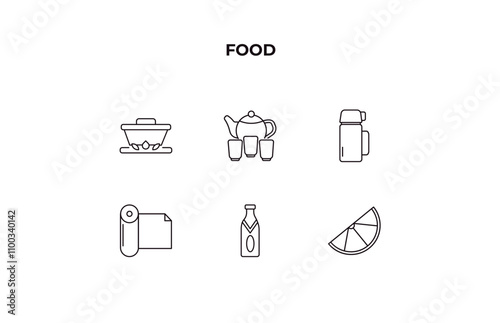 fully editable outline icon collection from food concept. thin line icons set such as boiler, tea ceremony, thermo flask, sparkling wine, lemon slice,