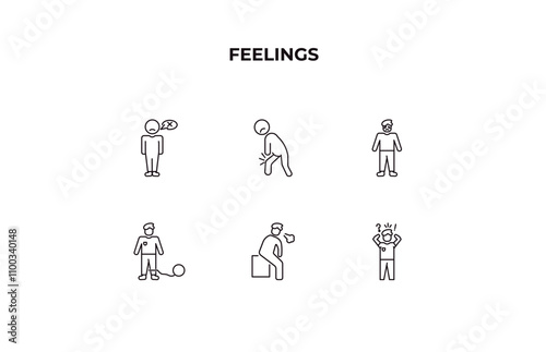 fully editable outline icon collection from feelings concept. thin line icons set such as helpless human, sore human, depressed human, drained anxious