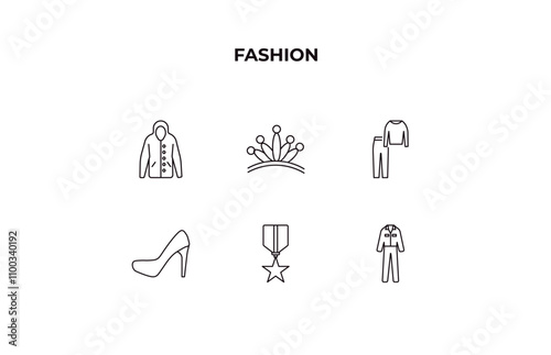 fully editable outline icon collection from fashion concept. thin line icons set such as sweater with pockets, diadem, femenine trakcsuit, medal with a star, working coverall,