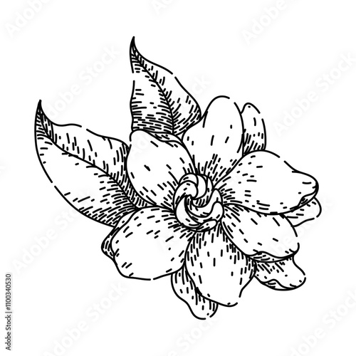 evergreen gardenia hand drawn. shrub petals, scent bloom, perfume ornamental evergreen gardenia vector sketch. isolated black illustration