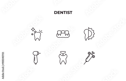 fully editable outline icon collection from dentist concept. thin line icons set such as shiny tooth, partial denture, apicoectomy, dental filling, dental needle,