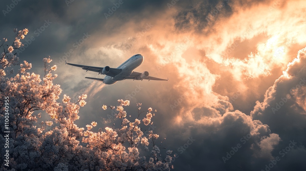 Naklejka premium Airplane soaring through dramatic sky at sunset 