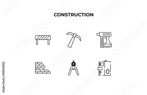 fully editable outline icon collection from construction concept. thin line icons set such as barrier, inclined picker, nail gun, drawing compass, house plan,