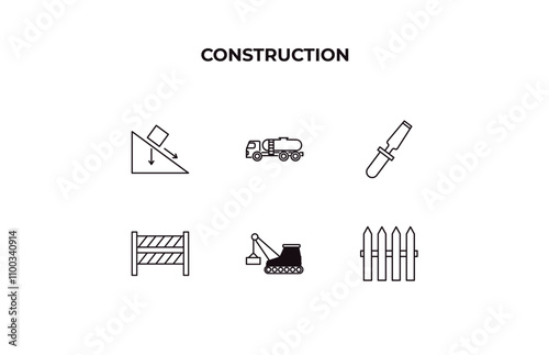 fully editable outline icon collection from construction concept. thin line icons set such as inclined, tank truck, chisel, derrick with box, garden fence,