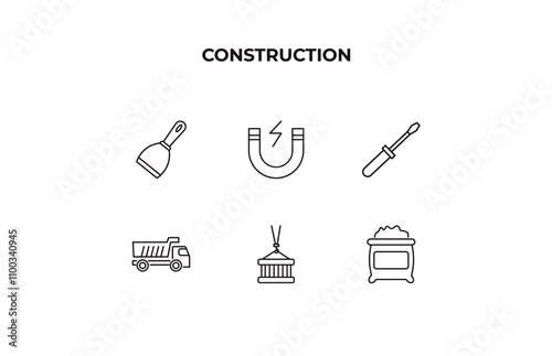 fully editable outline icon collection from construction concept. thin line icons set such as scraper, inclined magnet, screwdrivers, derrick with pallet, cement,