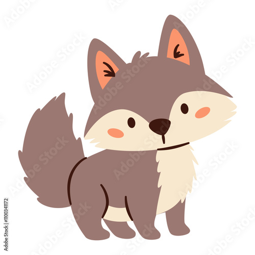 Flat vector illustration in a simple children's style. Cute wolf cub on white background. Vector illustration