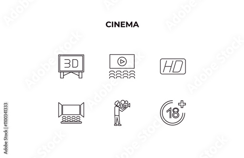 fully editable outline icon collection from cinema concept. thin line icons set such as 3 dimension screen, theatre screen, hd video, cameraman, plus 18 movie,