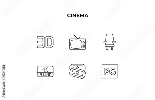 fully editable outline icon collection from cinema concept. thin line icons set such as 3d text, television with antenna, cinema chair, tickets, parental guidance,