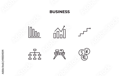 fully editable outline icon collection from business concept. thin line icons set such as bar diagram, progress report, graphic arrow, work table, currencies,
