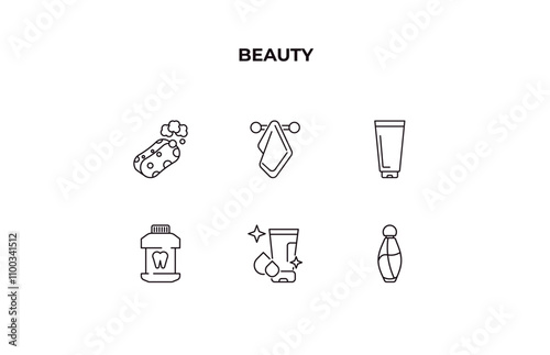 fully editable outline icon collection from beauty concept. thin line icons set such as bath sponge, folded towel, cream tube, face cleanser, french perfume,