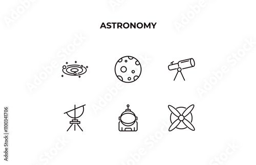 fully editable outline icon collection from astronomy concept. thin line icons set such as galaxy view, big moon, telescope pointing up, astronaut ingravity, airscrew,