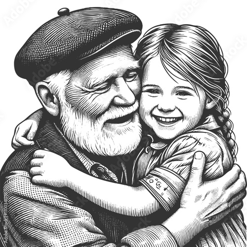 joyful grandfather embracing his smiling granddaughter, family love and generational bonds sketch engraving generative ai vector illustration. Scratch board imitation. Black and white image