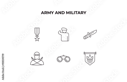 fully editable outline icon collection from army and military concept. thin line icons set such as militaty medal, salute, military knife, binoculars, patriot,