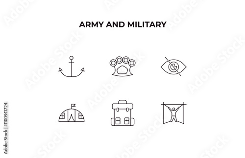 fully editable outline icon collection from army and military concept. thin line icons set such as anchor, knuckle, stealth, army backpack, torture,