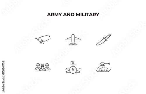 fully editable outline icon collection from army and military concept. thin line icons set such as canon, plane, combat knife, submarine front view, militar ship,
