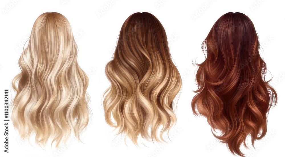 Fototapeta premium Three examples of wavy hairstyles in blonde, light brown, and dark auburn shades displayed on white or transparent background.