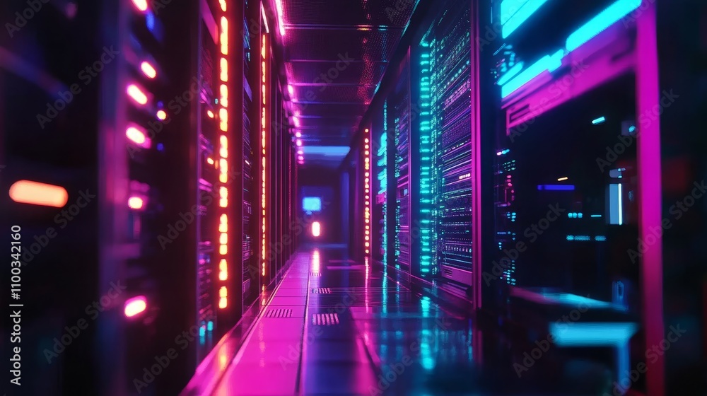 Fototapeta premium Neon lit data center server room. Technology background