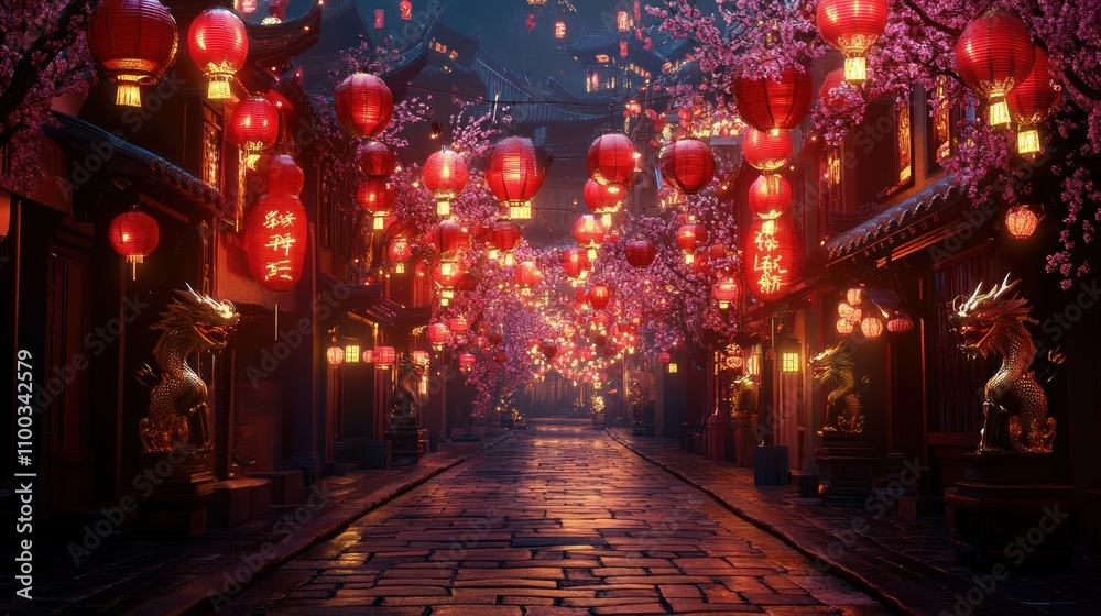 Fototapeta premium A vibrant street adorned with red lanterns and cherry blossoms, evoking a festive atmosphere.