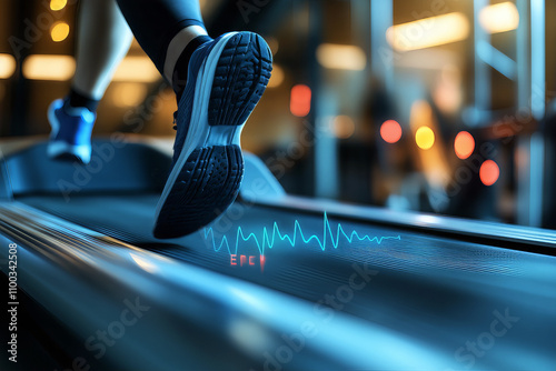 Conceptual image of a person running on a treadmill with visible heart arrhythmia displayed as an ECG line.