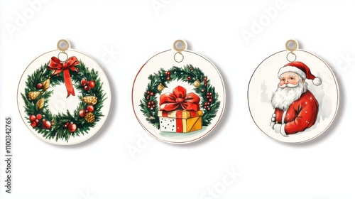 Christmas ornaments featuring festive wreaths, a gift, and Santa Claus in vibrant designs