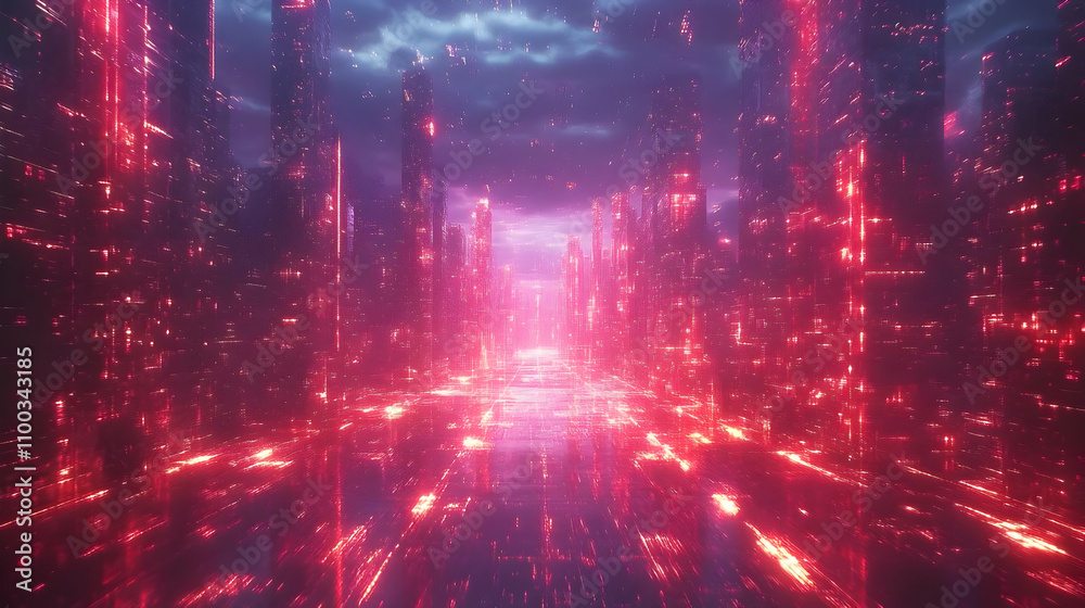 Fototapeta premium Cyberpunk Cityscape 3D Render: Neon Lights and Glowing Buildings
